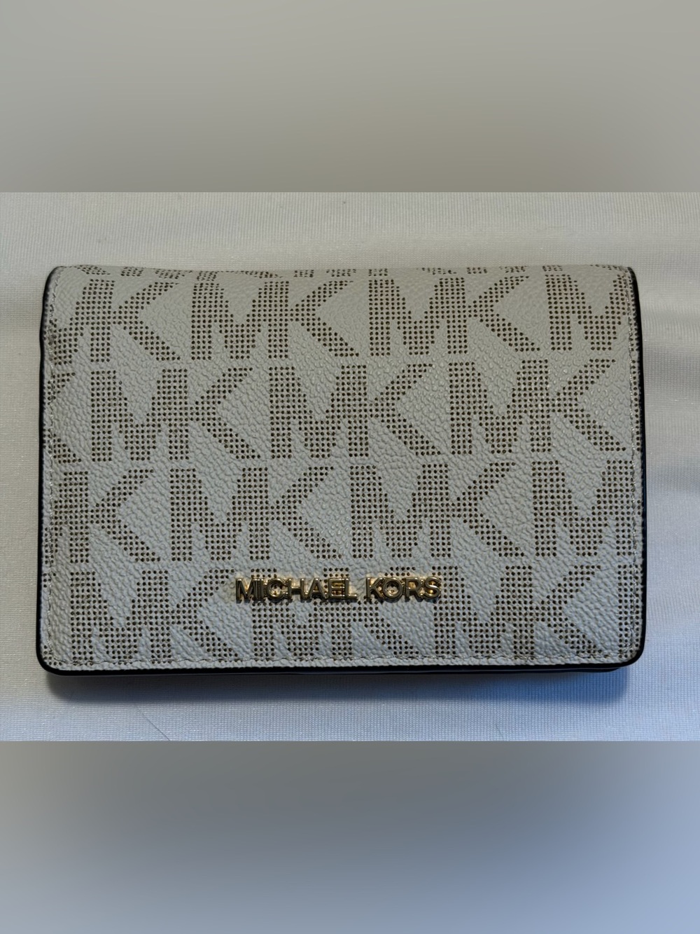 Michael Kors White and Tan MK Logo Flap Wallet with Gold Nameplate